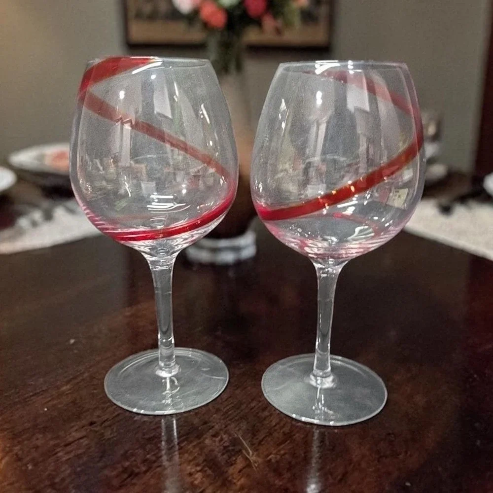 Pier 1 Red Swirline Balloon Wine Glasses, Set Of 2, Vintage Stemware Replacement